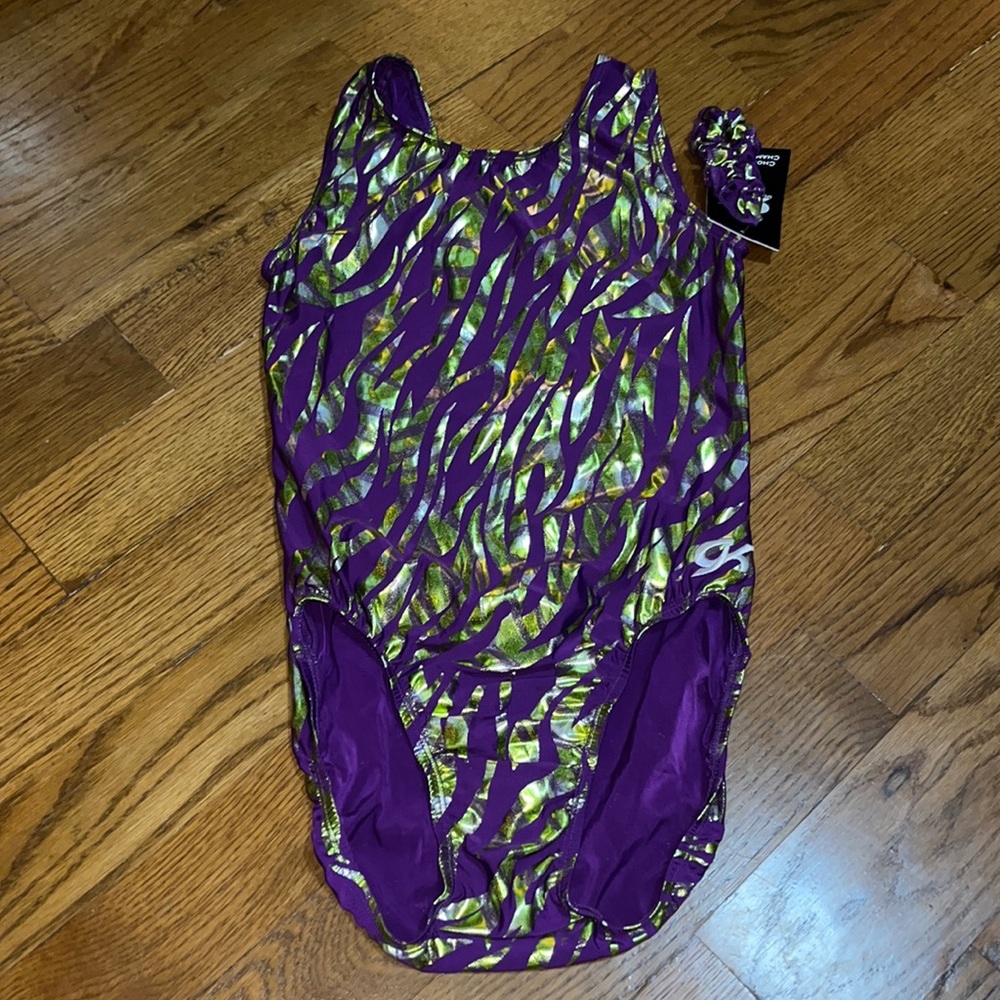 NWT GK gymnastics tumbling dance workout leotard metallic green & purple sz AXL